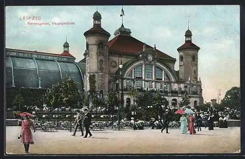 AK Leipzig, Hauptgebäude des Palmengartens mit Passanten
