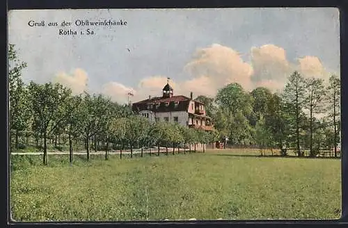 AK Rötha i. Sa., Blick zum Gasthaus Obstweinschänke