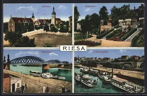 AK Riesa, Rathaus, Stadtpark, Elbbrücke & Landungsplatz