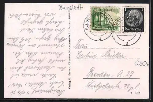 AK Burgstädt / Sachsen, Gesamtansicht, Wettinhain und Taurasteinturm