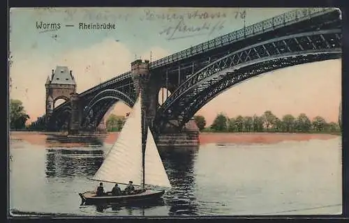 AK Worms, Rheinbrücke mit Flusspartie und einem Segelboot