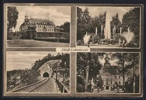 AK Niederwiesa / Sachsen, Schloss Lichtenwalde, Wasserfontäne und Eisenbahntunnel