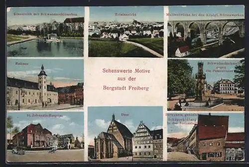 AK Freiberg / Sachsen, Rathaus, St. Johannis-Hospital, Dom, Totalansicht