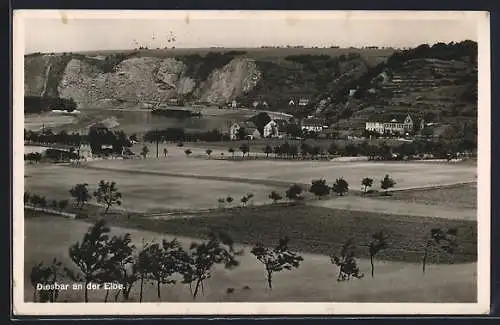 AK Diesbar an der Elbe, Blick auf den Ort mit Bergen im Hintergrund