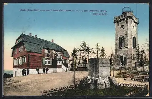AK Wildenthal, Unterkunftshaus und Aussichtsturm auf dem Auersberg
