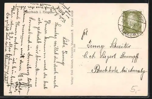 AK Auerbach i. Erzgeb., Blick auf den Ort umrahmt von Bäumen