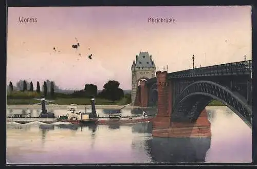 AK Worms, Rheinbrücke mit Dampfern
