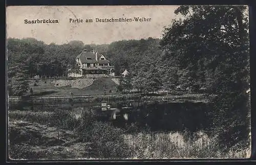 AK Saarbrücken, Partie am Deutschmühlen-Weiher mit Bäumen