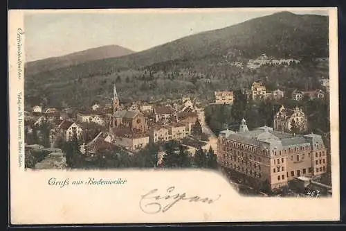 AK Badenweiler, Blick auf den Ort mit Bergen im Hintergrund