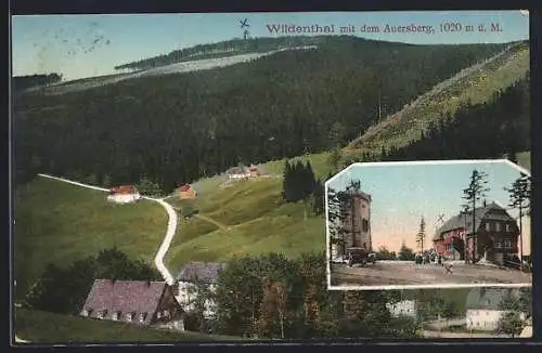 AK Wildenthal, Ortsansicht mit Auersberg, Auersberghaus mit Aussichtsturm