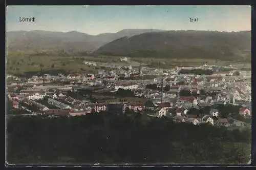 AK Lörrach, Ortsansicht mit Bergen im Hintergrund