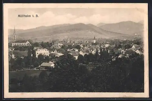 AK Müllheim i. B., Blick auf den Ort mit Bäumen