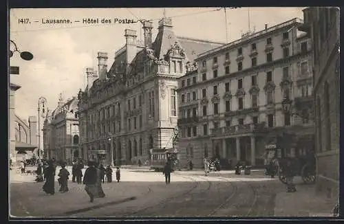AK Lausanne, Hôtel des Postes, Strassenbahn