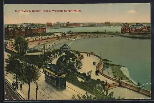 AK Weston Super Mre, Two Bays & Opera House, Strassenbahn