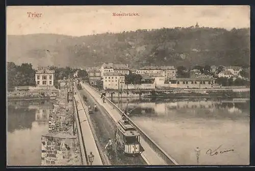 AK Trier, Moselbrücke mit Strassenbahn