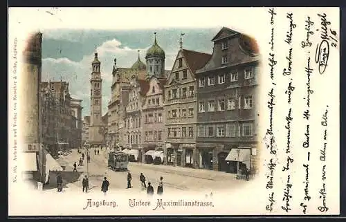 AK Augsburg, Untere Maximilianstrasse mit Strassenbahn