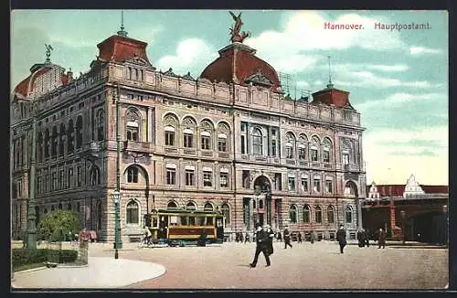 AK Hannover, Hauptpostamt mit Strassenbahn