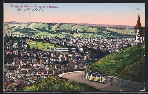 AK Stuttgart, Blick von der neuen Weinsteige mit Strassenbahn