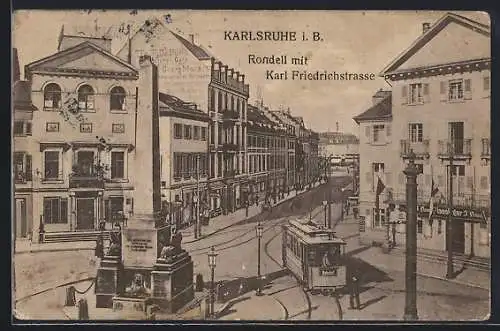 AK Karlsruhe i. B., Rondell und Karl Friedrichstrasse mit Strassenbahn