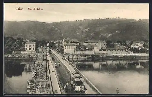 AK Trier, Moselbrücke mit Strassenbahn