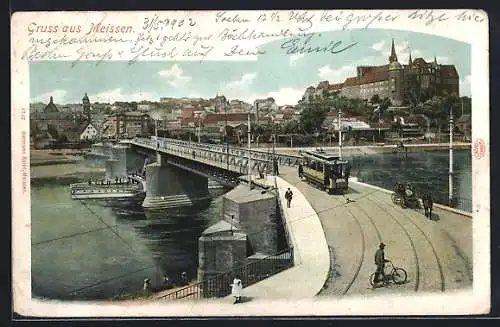 AK Meissen / Elbe, Brückenpartie mit Strassenbahn