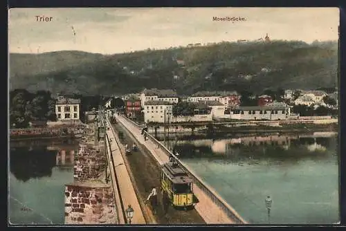 AK Trier, Moselbrücke, Strassenbahn