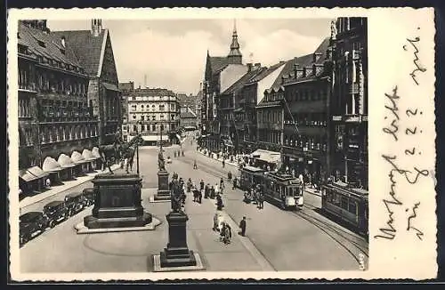 AK Chemnitz, Markt mit Strassenbahnen aus der Vogelschau