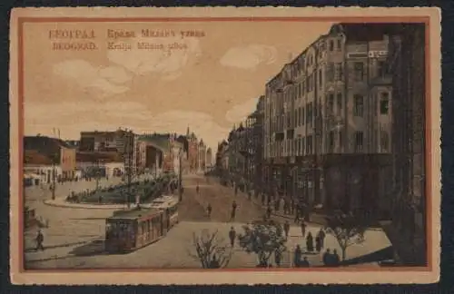 AK Beograd, Kralja Milana ulica, Strassenbahn, Geschäfte, Leute
