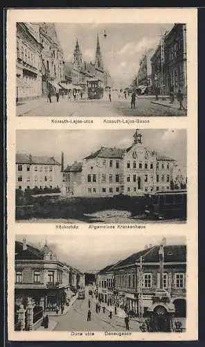 AK Ujvidek, Kossuth-Lajos-Gasse, Allgemeines Krankenhaus, Donaugasse, Strassenbahn