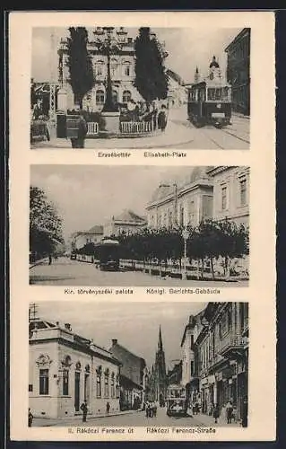 AK Ujvidek, Elisabeth-Platz, Königl. Gerichtsgebäude, Rakoczi Ferencz-Strasse, Strassenbahn