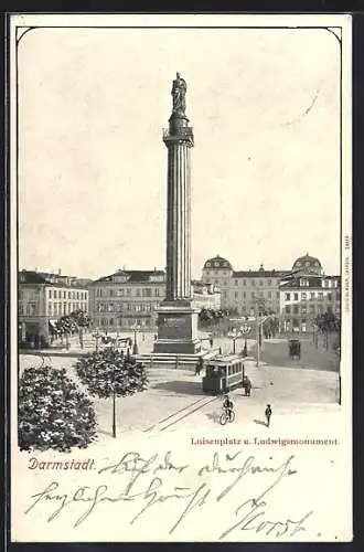 AK Darmstadt, Luisenplatz mit Ludwigsmonument, Strassenbahn