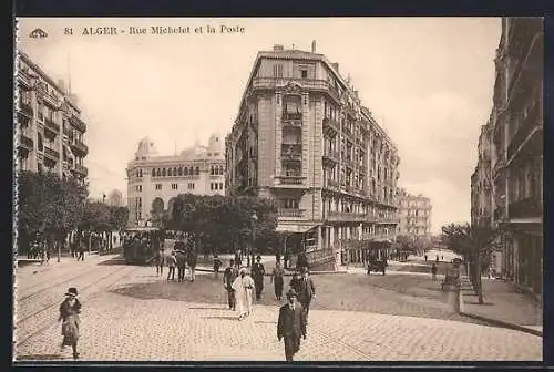 AK Alger, Rue de Michelet et la Poste, Strassenbahn