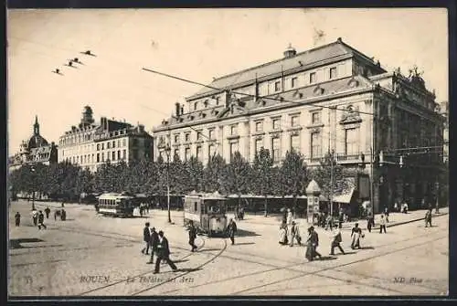 AK Rouen, Le Theatre des Arts, Strassenbahn