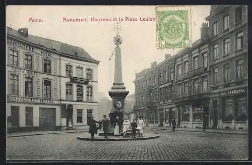 AK Mons, Monument Houzeau et la Plaze Louise