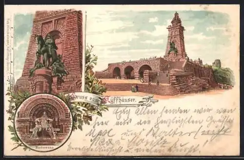 Lithographie Kyffhäuser, Kaiser-Denkmal mit Besuchern