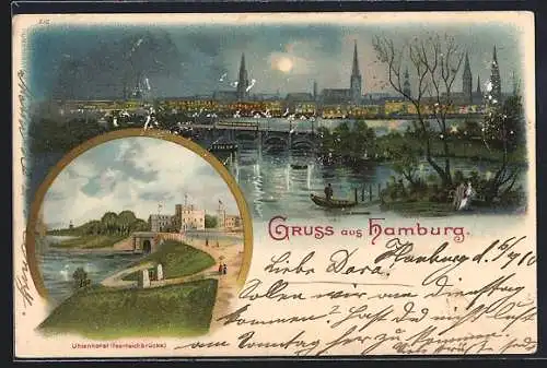 Lithographie Hamburg, Stadtansicht vom Fluss aus, Uhlenhorst mit Feenteichbrücke