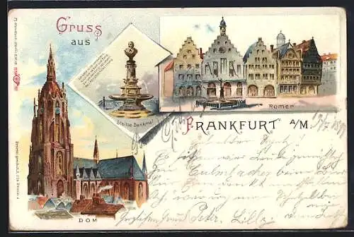 Lithographie Alt-Frankfurt, Dom, Römer und Stoltze-Denkmal