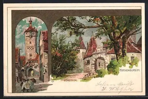 Lithographie Rothenburg o. T., Burgthor und Klingenthor mit Passanten