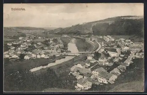 AK Solnhofen, Ortsansicht mit Fluss aus der Vogelschau