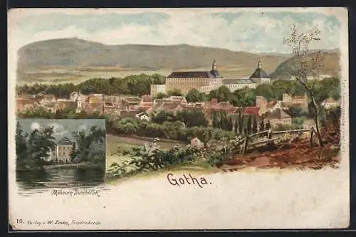 Lithographie Gotha, Totalansicht und Museum