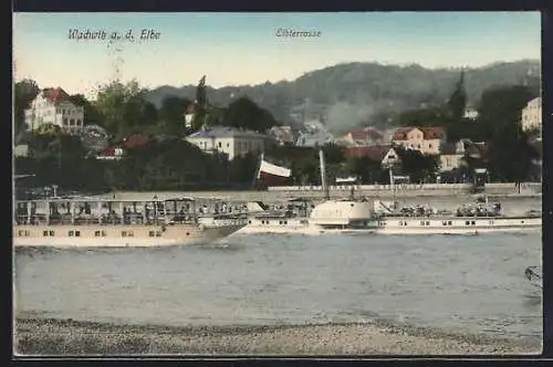 AK Dresden-Wachwitz, Elbterrasse und Boote auf der Elbe