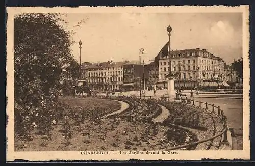 AK Charleroi, Les Jardins devant la Gare
