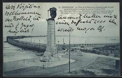 AK Zeebrugge, La Môle et le Monument Commémoratif du raid naval de la marine anglaise