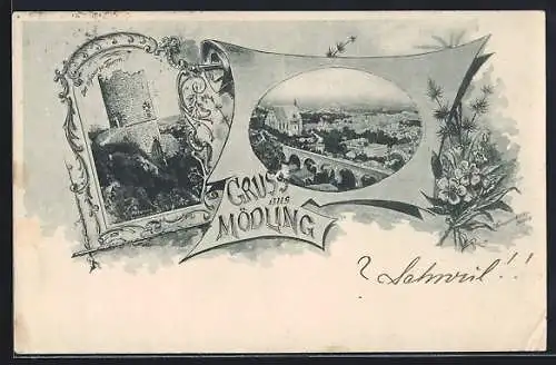 AK Mödling, Schwarzer Thurm, Viadukt und Pfarrkirche