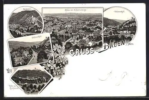 Lithographie Baden, Helenenthal, Rauhenstein, Gesamtansicht