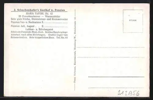 AK Maria Taferl, Strasse im Ort, J. Schachenhofer`s Gasthof und Pension, Gebäudeansicht, Speisesaal, Terrasse