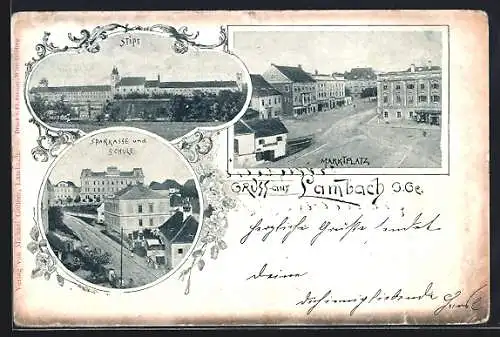 AK Lambach, Sparkasse und Schule, Stift, Marktplatz