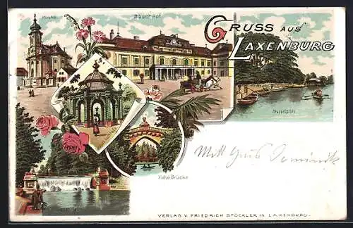 Lithographie Laxenburg, Kirche, Wasserfall, Hohe Brücke, Blauer Hof, Stappelplatz