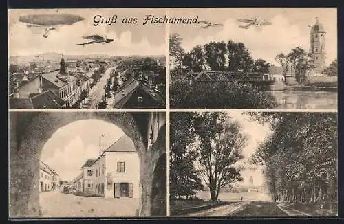 AK Fischamend, Zeppelin und Flugzeuge über der Ortschaft, Strassenpartie, Kirche