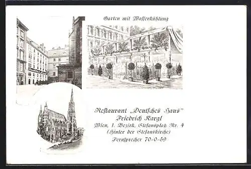AK Wien, Restaurant Deutsches Haus Stefansplatz Nr. 4, Garten mit Wasserkühlung